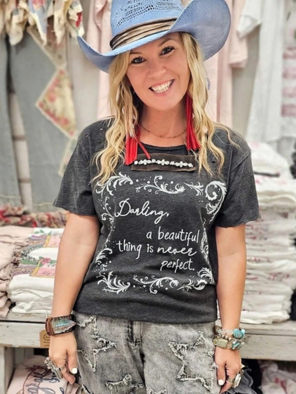 A Rare Bird Darling Distressed Shirt Graphic 3/4 Sleeve Tee Black